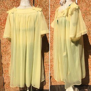 60s Vintage Dressing Gown L Yellow Chiffon Robe